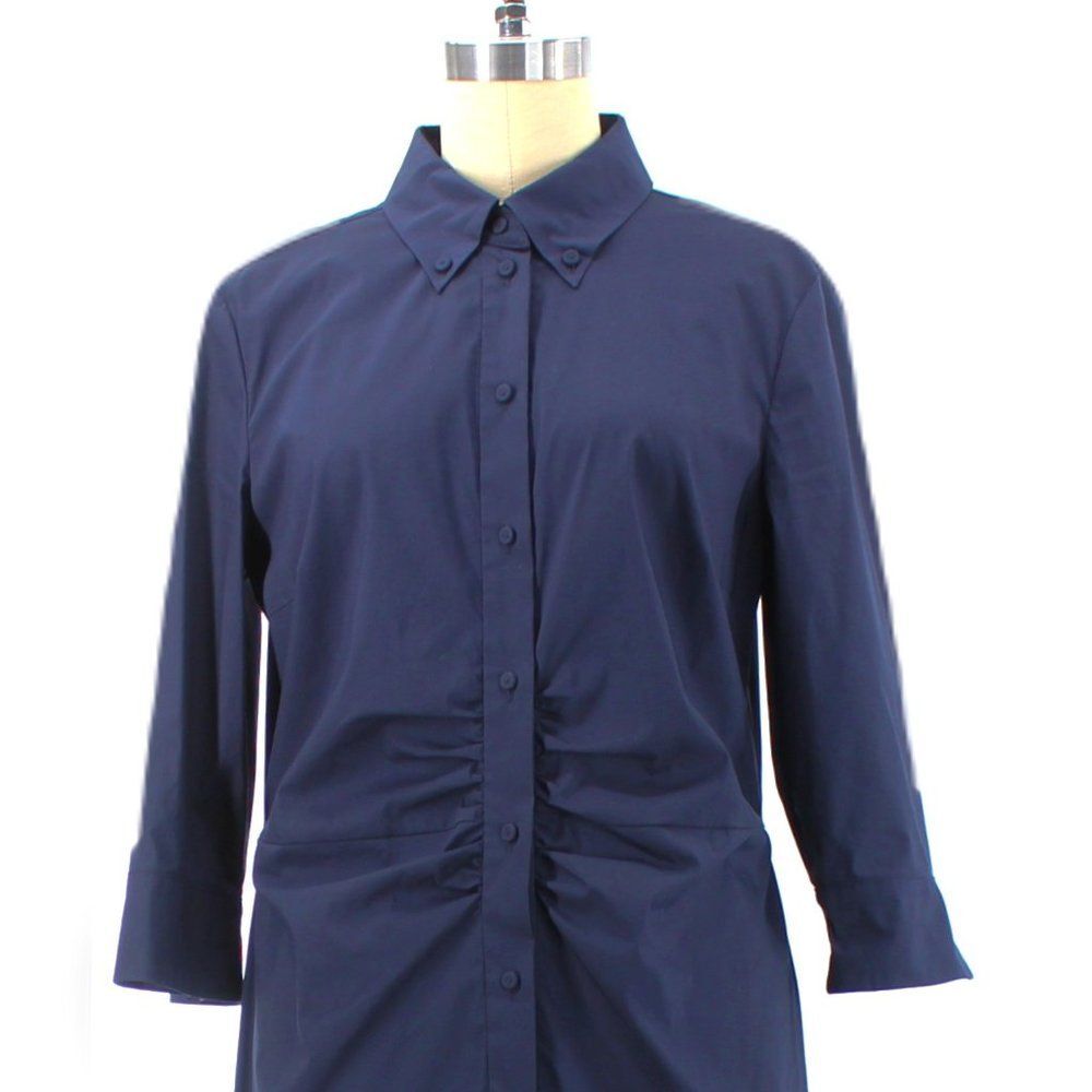 LUISA CERANO Dark Blue Cotton Stretch Shirt Dress Ruched Front Button Midi SZ 10 - Picture 2 of 15